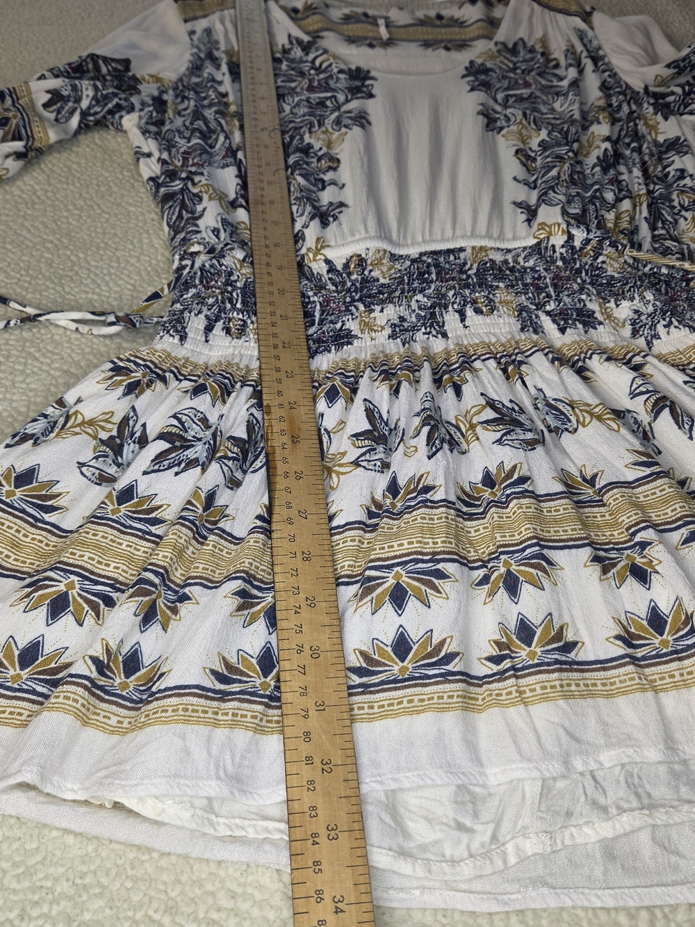 Free People White Floral Boho Smocked-Waist Dress Size M Medium With Waist Ties - Picture 7 of 9